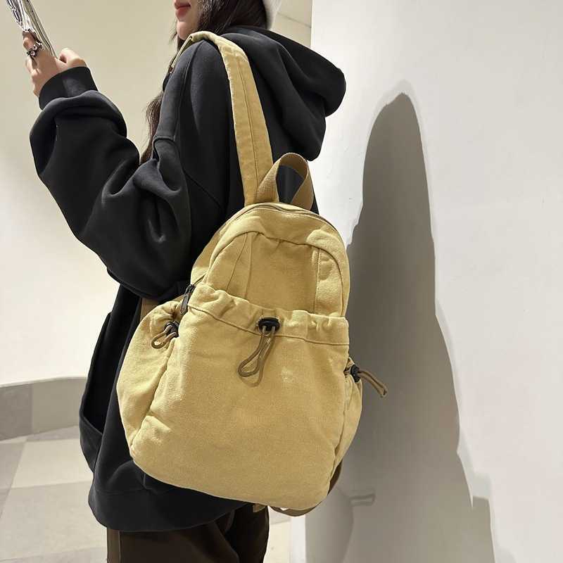 Washed Canvas Backpack for Women, Simple and Casual Drawstring Small Backpack, High School College Student Class 250113