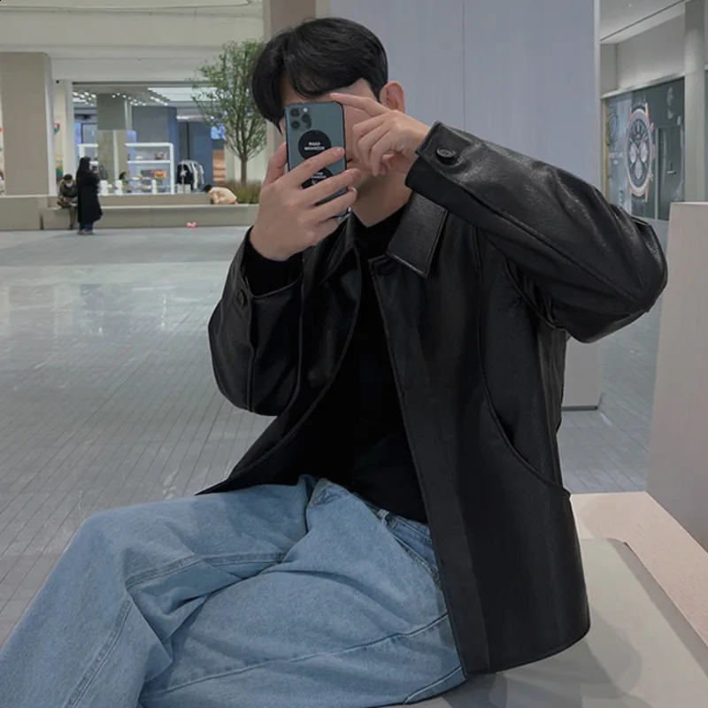 IEFB Short Motorcycle Pu Leather Coat Trend Mens Autumn Korean Style High End Lapel Loose Jacket Fashion Streetwear 9C1118 250109