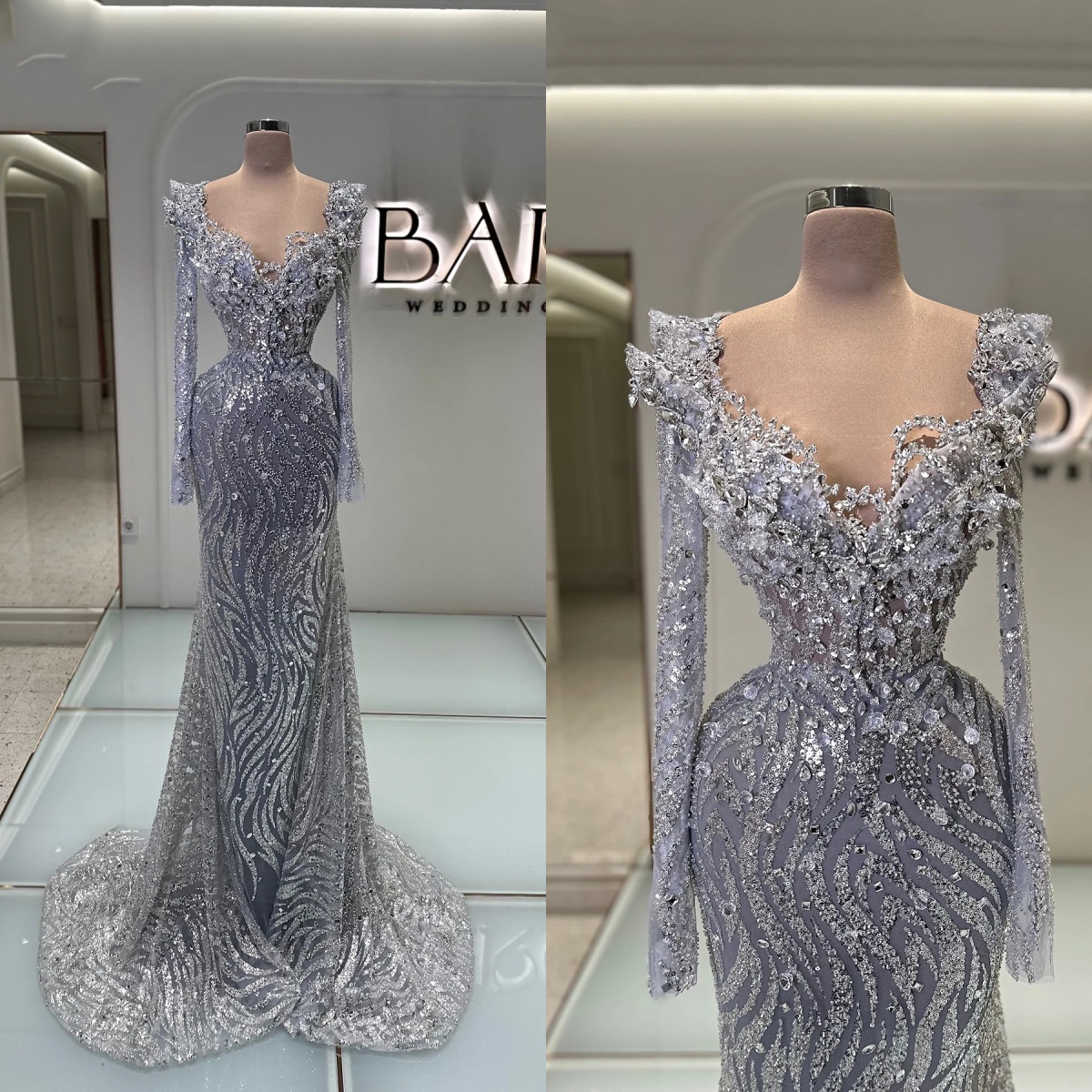 Evening Women Scoop Neck Long Sleeve Crystal Sequins Appliques Sweep Train Gown Customized Formal Party Dress