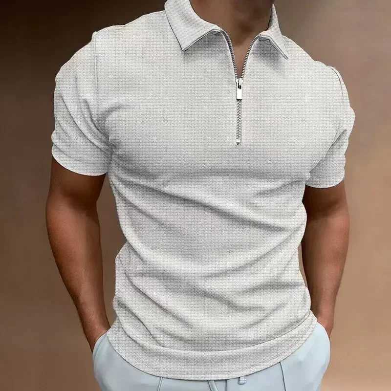 High Quality Summer New Mens Zipper Waffle Polo Shirt Short Sleeve Waffle Gezi Casual T-shirt Mens Thin Solid Color T250113