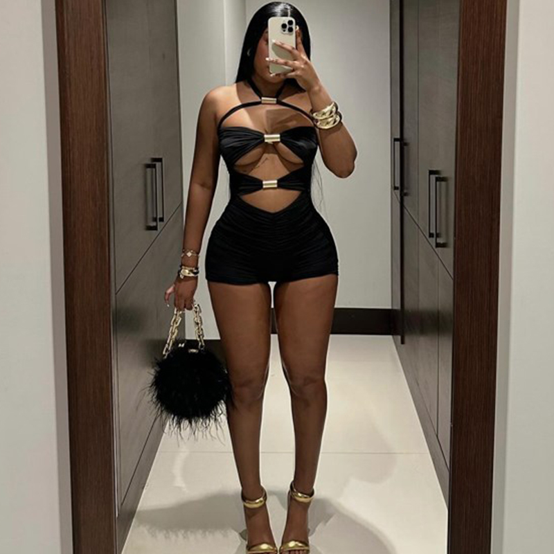 BIIKPIIK Sexy Hollow Out Women Playsuits Fashion Metal Rings Backless Skinny Rompers Vacation Club Black Overalls Midnight Party