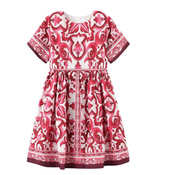 Summer new girl princess skirt, short-sleeved ethnic style waist neckline bowknot dress 2-6 years old LY050