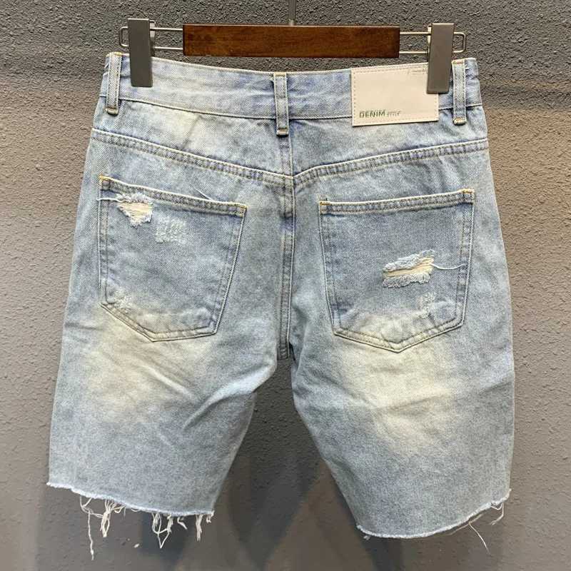 Summer Mens Ripped Denim Shorts Light Blue Kn Length Jeans Fashion Trend Raw Hem Beggar Pants Shorts Short Jeans Brches X2502031