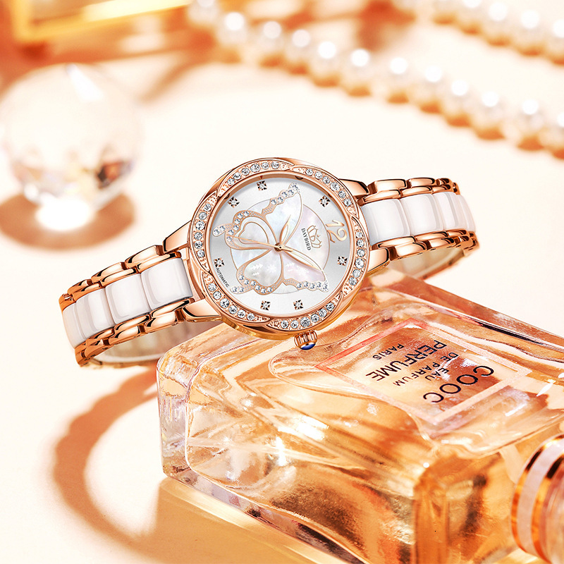 Women's Elegant Ceramic Strap Watch with Butterfly Design