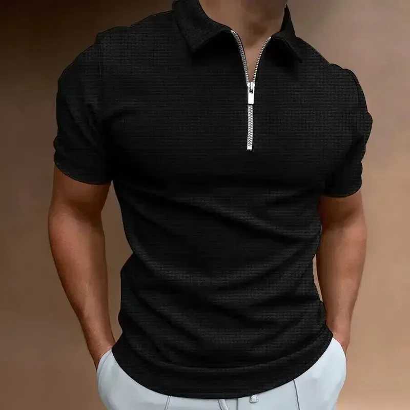 High Quality Summer New Mens Zipper Waffle Polo Shirt Short Sleeve Waffle Gezi Casual T-shirt Mens Thin Solid Color T250113