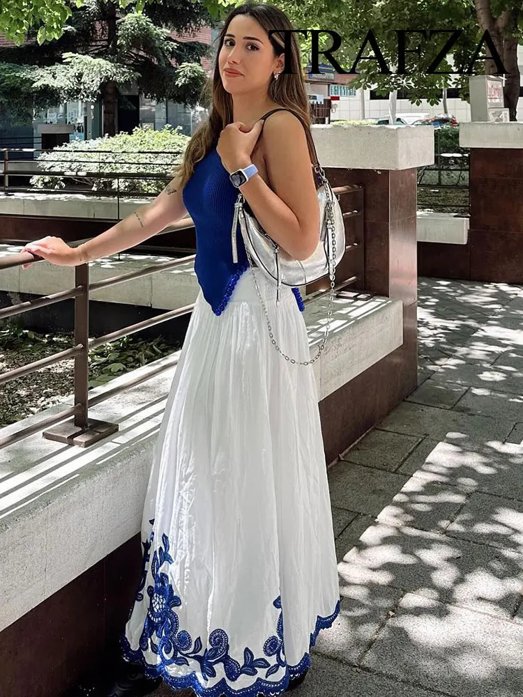 TRAFZA Womens 2-piece Set Of Blue Embroidered Single-breasted Loose Shirt Chic High-waisted Loose Pleated Street Skirt Suit 250228