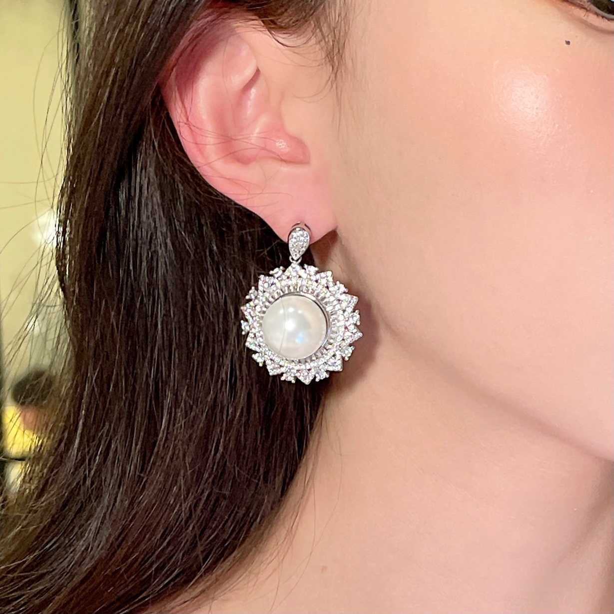 Shiny Big Pearl Moissanite CZ Diamond Stud Earrings for Wedding Gift Party Engagement or Anniversary-for Women Model N0226