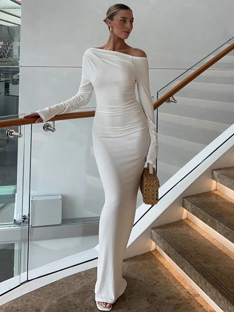 TARUXY White Skew Collar Long Sleeve Maxi Dress For Women Autumn Winter Bodycon Elegant Party Dress Female High Waist 250109