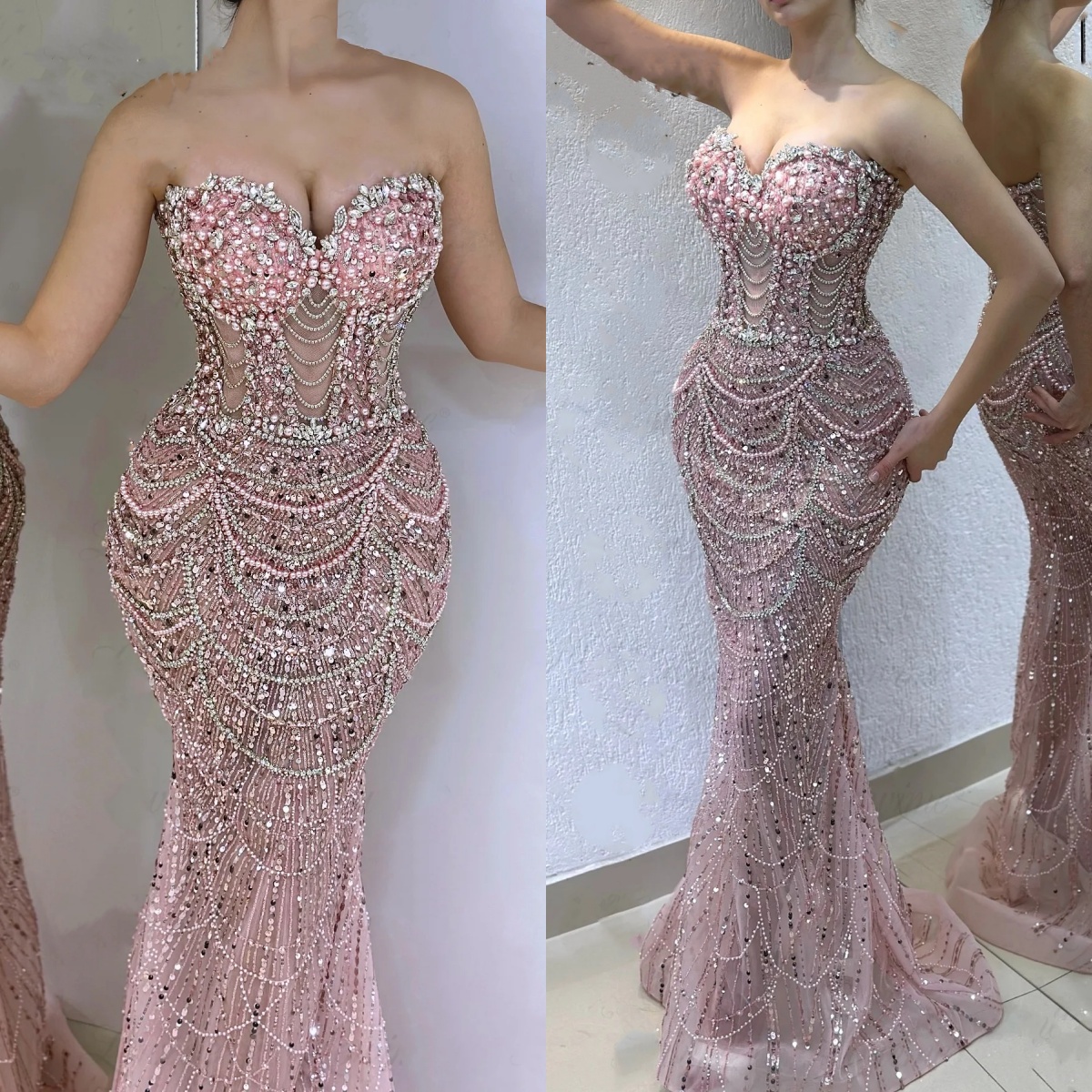 Evening Dresses For Women Sweetheart Neck Sleeveless Gown Crystal Sequins Pearls Sweep Train Customized Dress Party