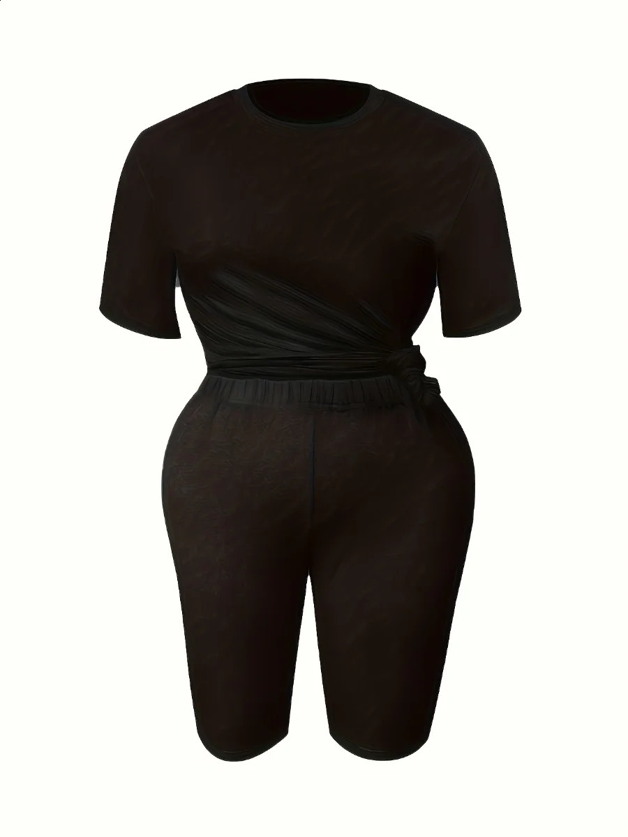 LW BASICS Plus Size Two Pieces Sets Round Neck Skinny Shorts Set 2024 IN Matching Summer Short Tshirt y250122