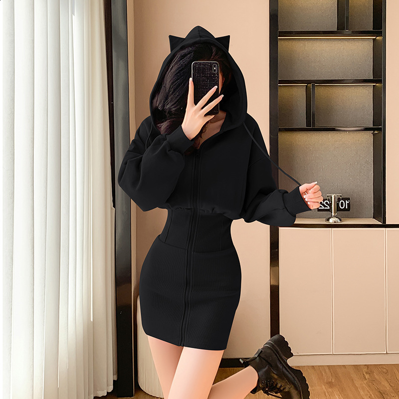 Sexy girl hooded sweatshirt long sleeved dress temperament womens waist bag hip skirt 2024 autumn and winter dress Y200930