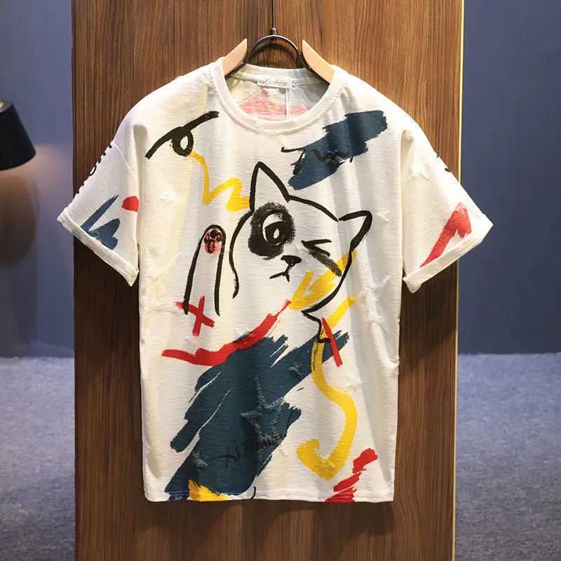 Summer New Fashion Printing T-Shirts Man Round Neck Casual Short Sleeve Pullovers Pure Cotton Loose Y2K All-match Vintage Tops X250113