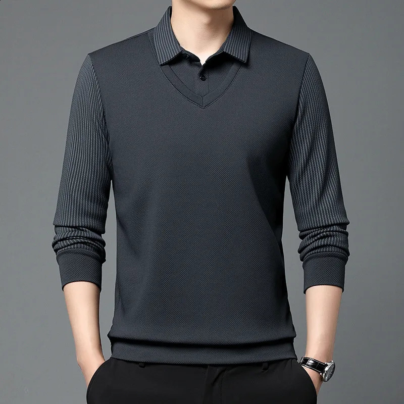 Spring Autumn Long Sleeved Two Piece Mens Clothing Casual Collar Bottom Shirt Simplicity Allmatch Korean Trend Tops 250113