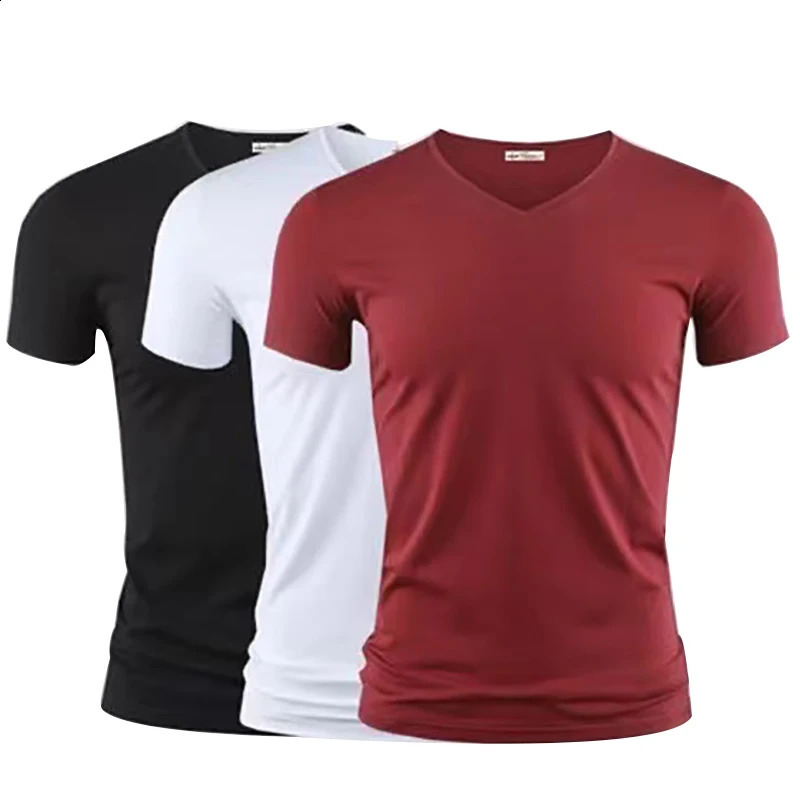 Mens T Shirt Pure Color V Collar Short Sleeved Tops Tees Men TShirt Black Tights Man TShirts Fitness For Male Clothes 250113