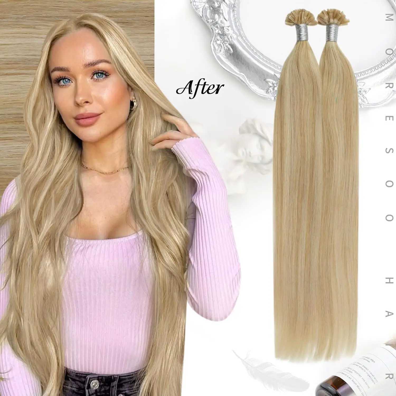 Moresoo U-shaped pointed hair extension machine Remy human hair pre bonding fusion straight 50G 00% human hair nail keratin hair W250113