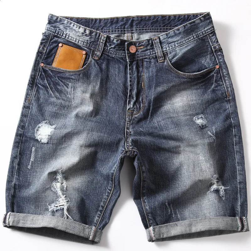 Summer Mens Denim Shorts Fashion Slim Fit Elastic Cotton Blue Wash Ripped Jeans Male Clothes 250103