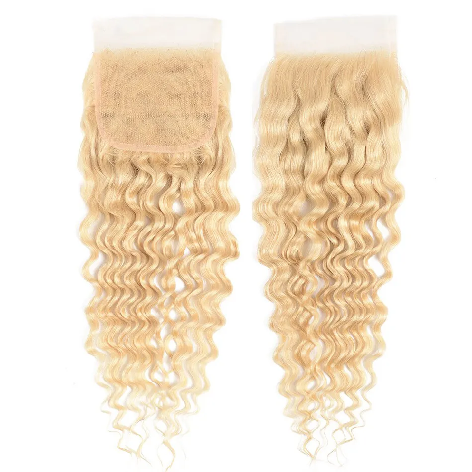 Free shipping Platinum Blonde 613 Deep Wave Closure Pre Plucked Bleached Knots Remy Human Hair 4x4 Lace Closures