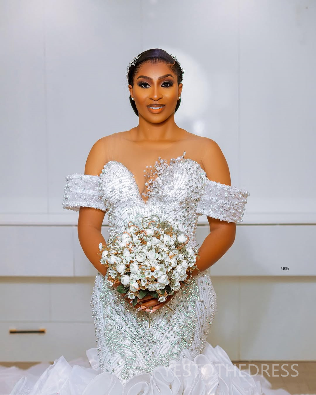 2025 Plus Size Aso Ebi Wedding Dress Bridal Gowns For Bride Mermaid Sheer Neck Long Sleeves Illusion Beaded Lace Tiered Organza Wedding Gowns For Blac