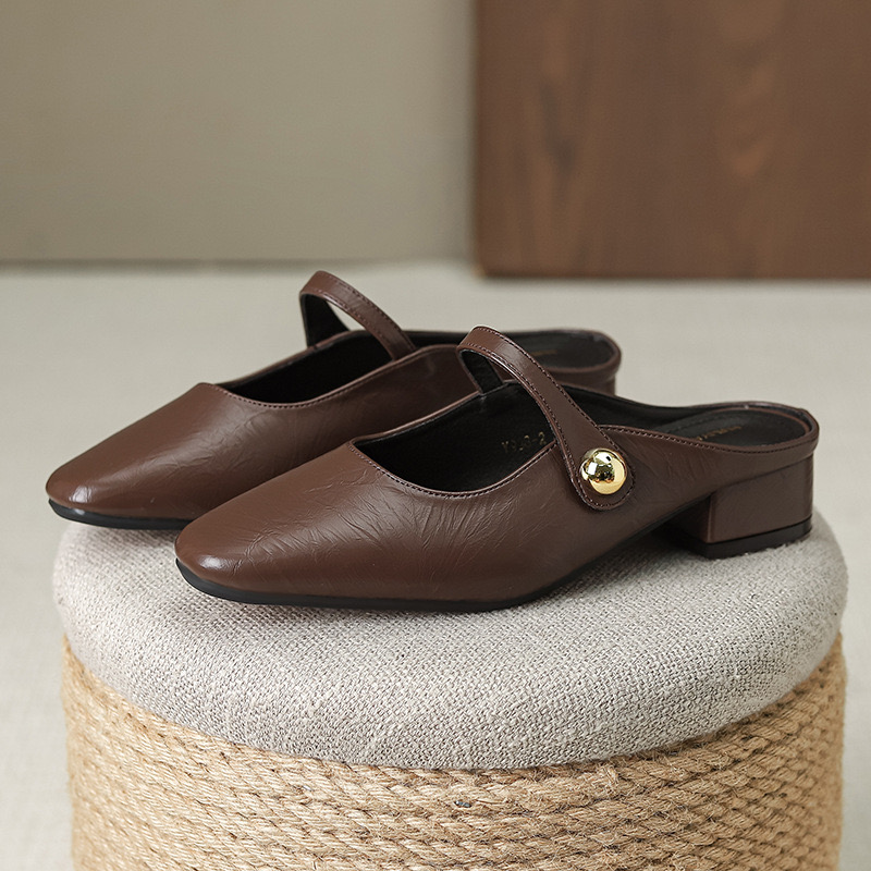 Leather Women Low Heel Slippers Fashion New Mule Shoes Pointed Toe Slides Patchwork Sandal Ladies atos Mujer ert5 9eae