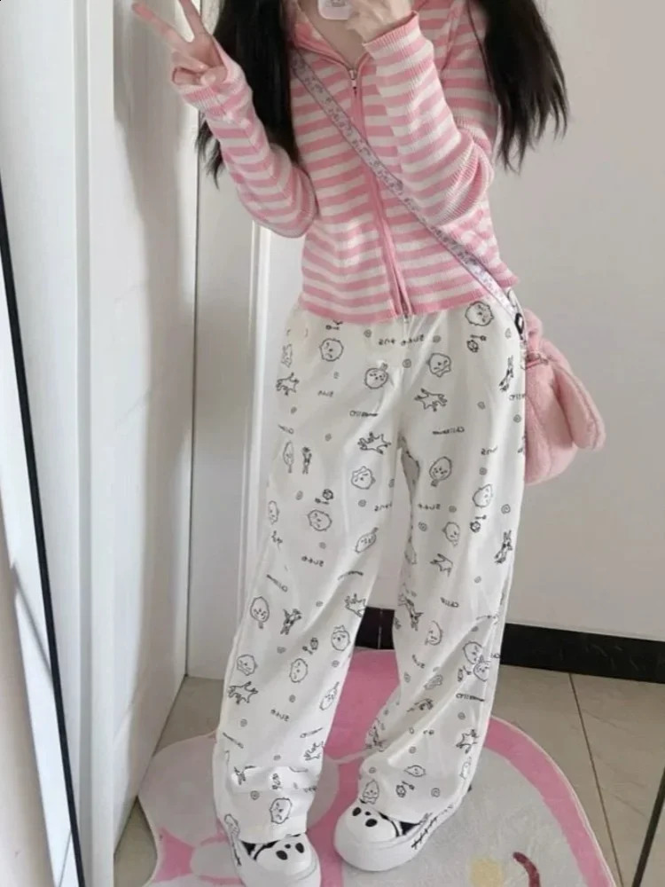 HOUZHOU Y2k Kawaii Sweet High Straight Pants Women Japanese Style Harajuku Cute Cartoon Print Loose Trousers Soft Girl 250102