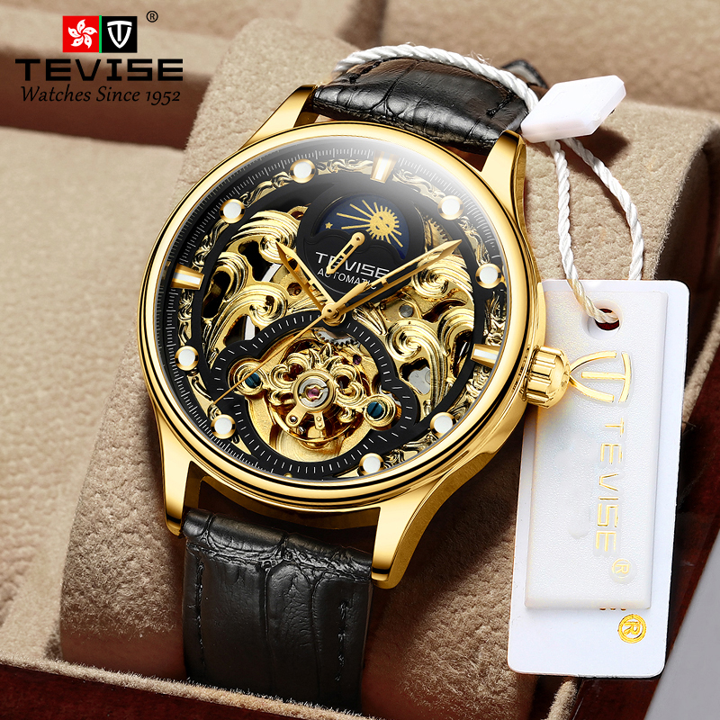 TEVISE Designer Watch Automatic Mechanical Watch Mens Watch Hollowed-out MoonWatch Business and Casual Leather Strap Waterproof Function T064-T820D