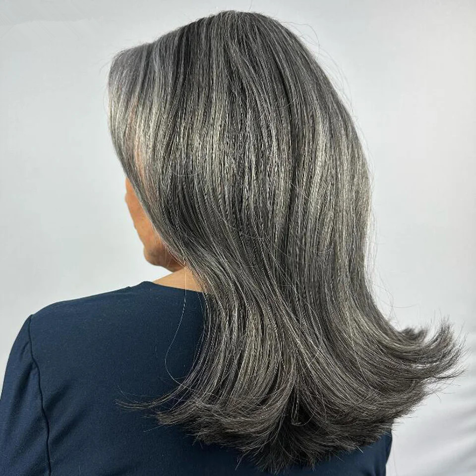 Cute gray straight wavy pony tail hairpiece silver grey ponytail human hair extension clip in drawstring wraps salt and pepper natural highlighs 120g 