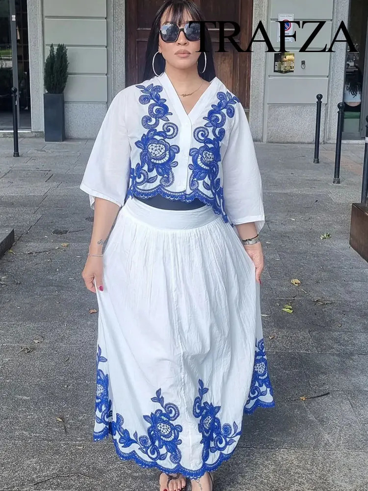 TRAFZA Womens 2-piece Set Of Blue Embroidered Single-breasted Loose Shirt Chic High-waisted Loose Pleated Street Skirt Suit 250228