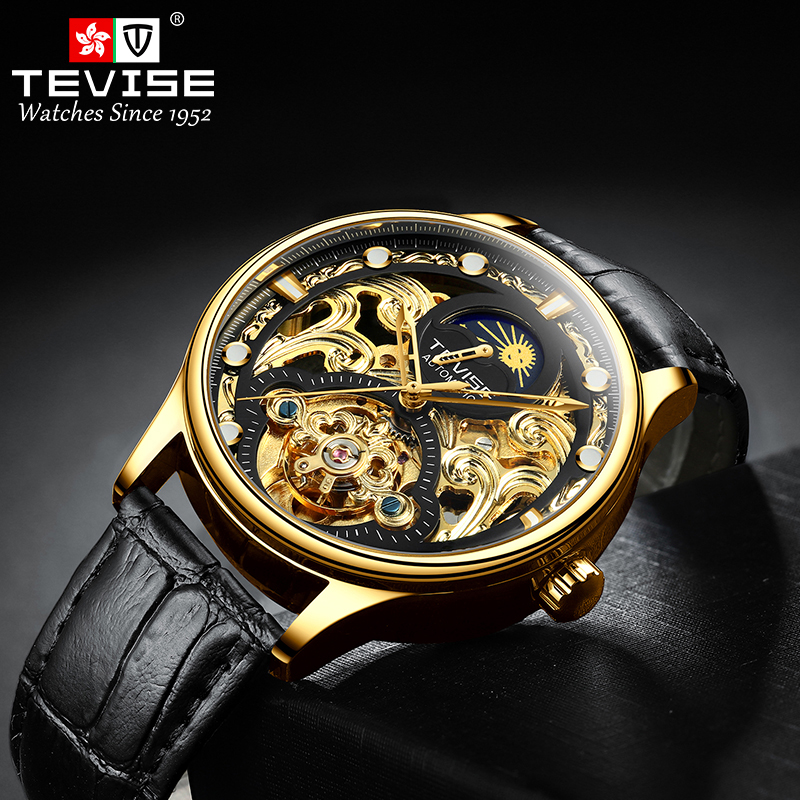 TEVISE Designer Watch Automatic Mechanical Watch Mens Watch Hollowed-out MoonWatch Business and Casual Leather Strap Waterproof Function T064-T820D