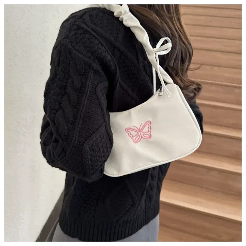 Embroidery Bowknot Butterfly Shoulder Bag Y2k-Style Ruffle Handle Nylon Bow Tote Bag Makeup Lipstick Bag Handbag 250106