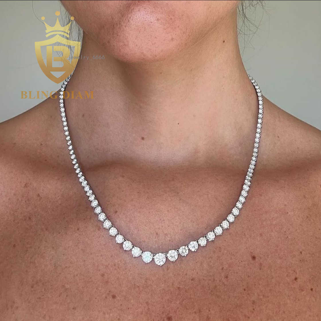 Fashion Design Small to Big 3 Prong Round Moissanite Tennis Chain S925 Sterling Silver Iced out Moissanite Chocker Necklace