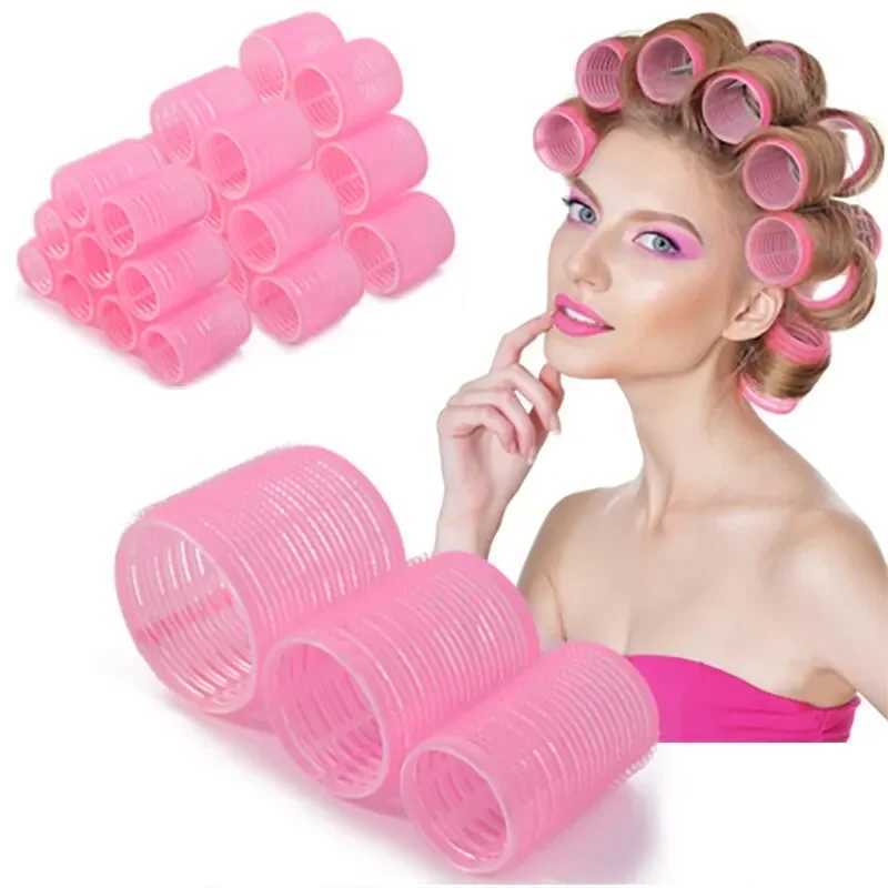 Hot selling 9-piece pink nylon plastic hair roll set DIY hair removal tool 3-size no heat self grip hair roll W250113