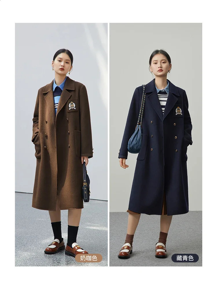 ZIQIAO 100% Wool Overcoat Autumn Winter Long Jacket Women Warm Coat Elegant Style Brown Chic Office Lady Straight Casual 250102