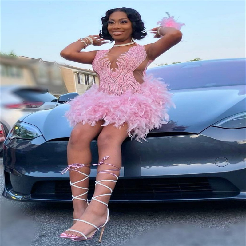 Luxury Pink Baddie Prom Dress Sexy Feather Short Cocktail Dress Sequin Evening Black Girls Birthday Dress Party Wear South African Formal Occasion Dre