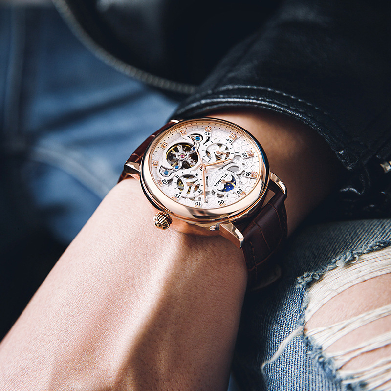 Men's Elegant Automatic Mechanical Watch with Skeleton Design, Night Glow, and Waterproof Steel Band