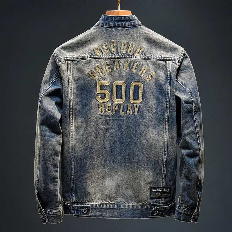 High-end fashion letters embroidered stand collar denim coat for men 2024fall mens clothing slim-fit retro fashion denim jacket X250113