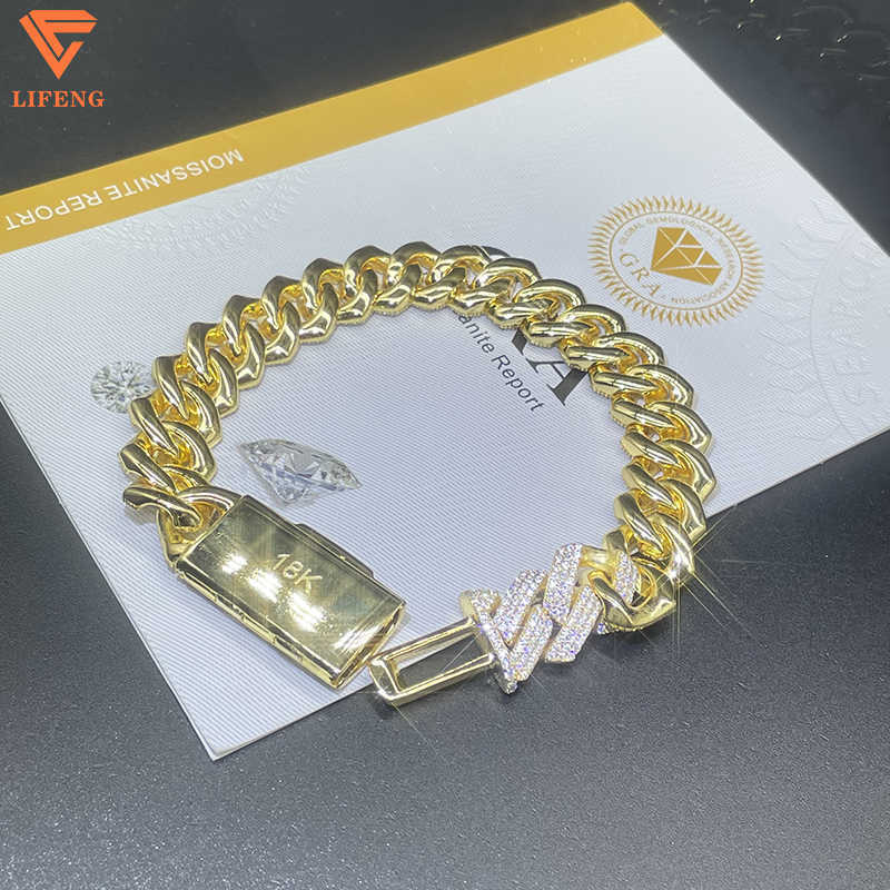 Hot Sale custom S925 Silver Cuban Link Bracelet 15mm Iced VVS Moissanite Diamond Yellow Gold Plated Hip Hop Jewelry Gift for Men