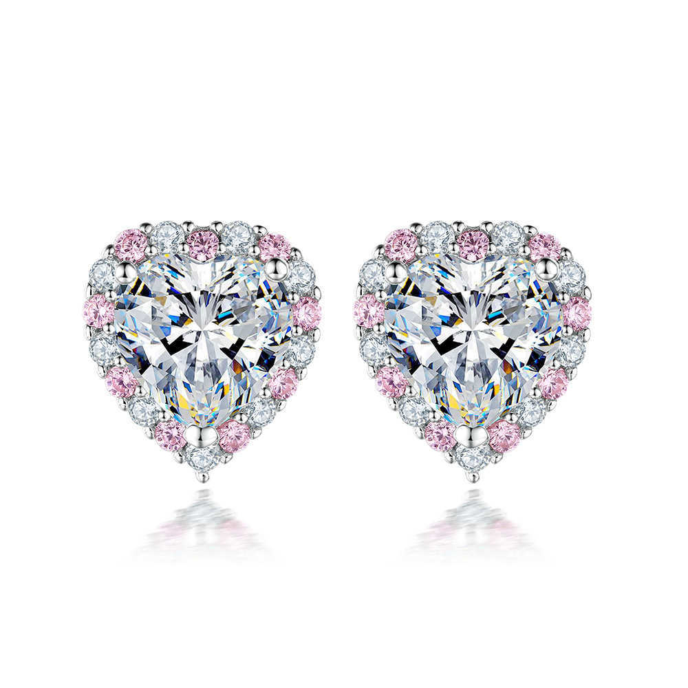 Fashion heart-shaped Zircon earrings Simple pink Zircon row diamond earrings S925 sterling silver love earrings