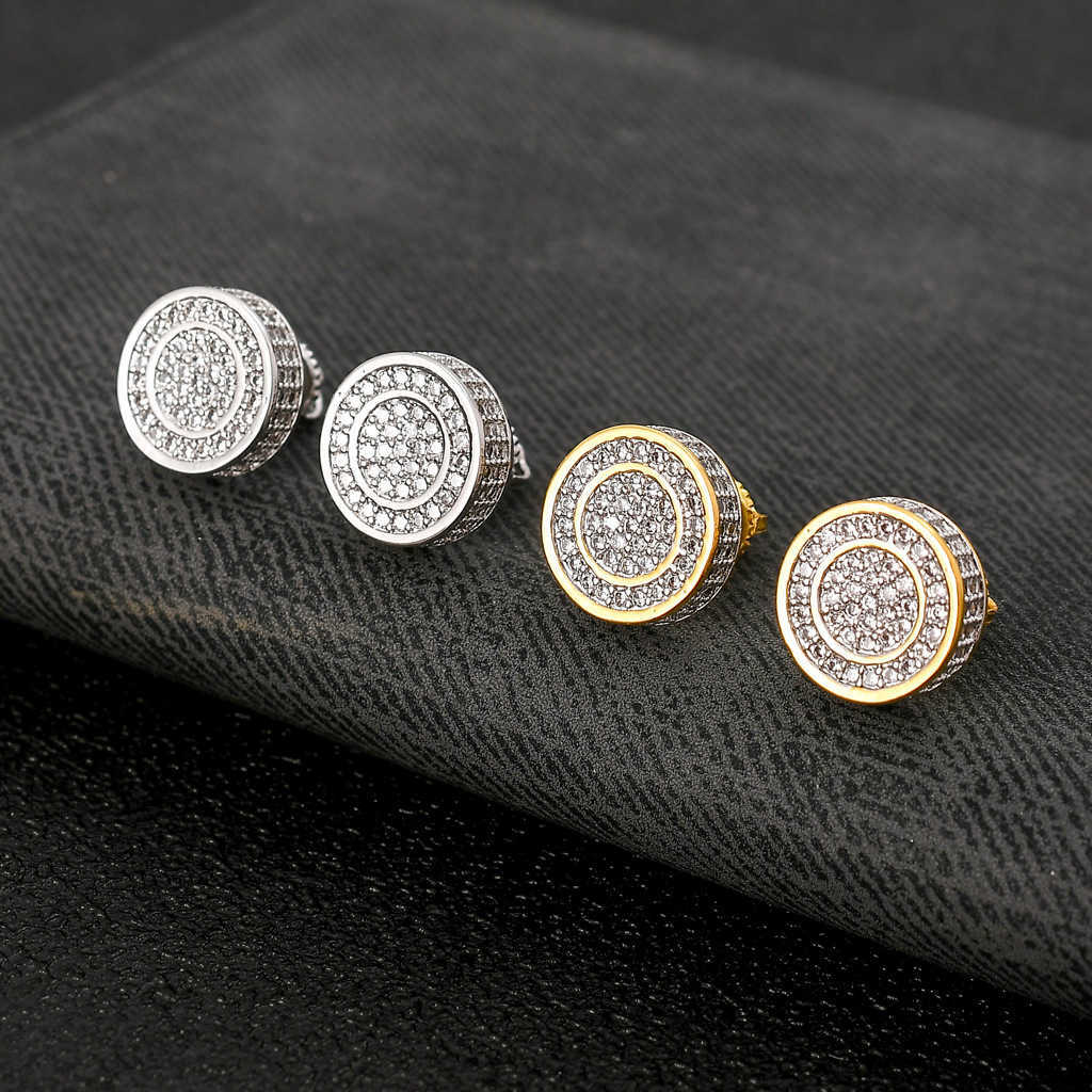 BES high quality Hip Hop 925 Sterling Silver Zircon Round diamond Mens Stud Earrings Jewelry