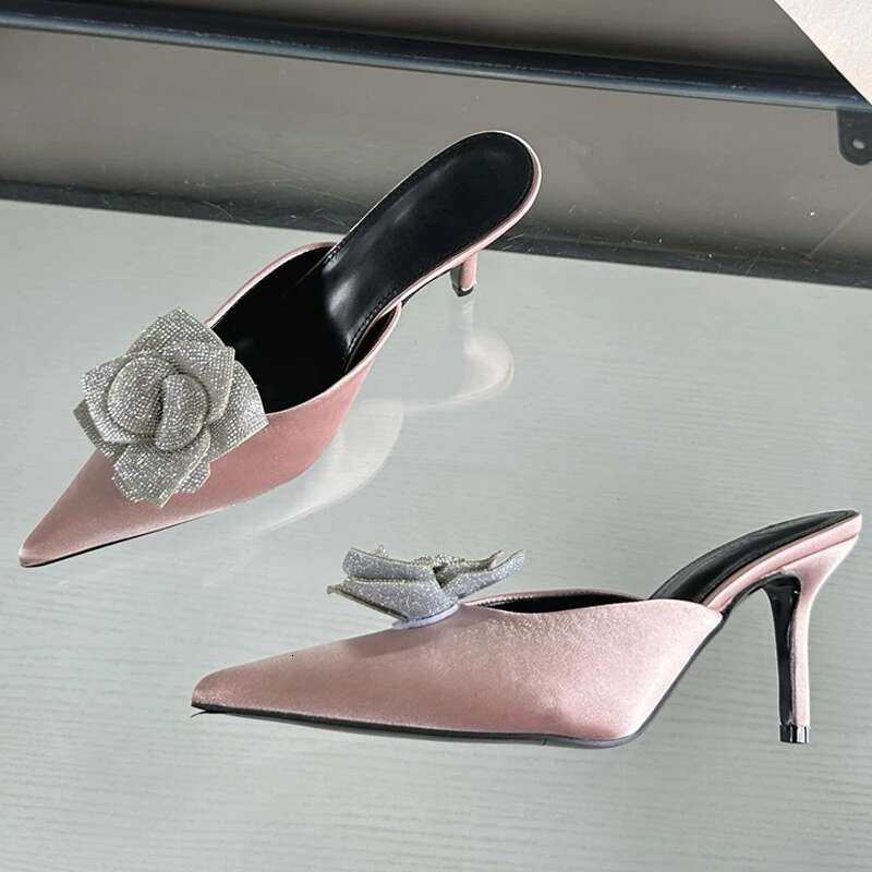 Eilyken Designer CRYSTAL Wer Silk Pointed Toe Women Slippers Fashion Thin Heels Party Dress Ladies Mule Shoes