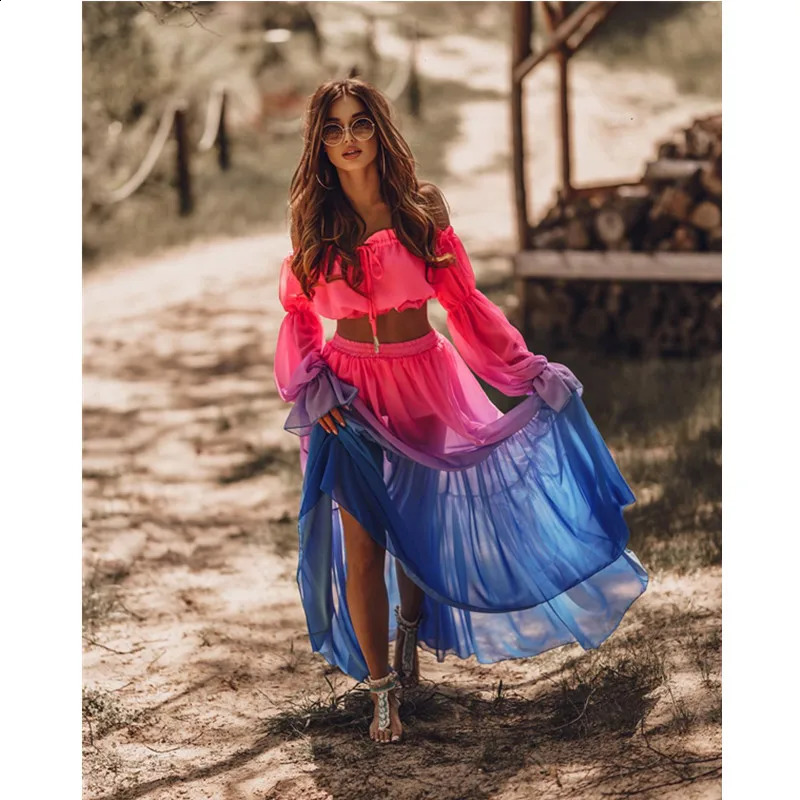 Women Long Sleeve Bikinis Cover ups Swim Long Cover up Tie-Up Crop Tops High Waist Long Skirt Kaftan Beach Tunic Dress 250109