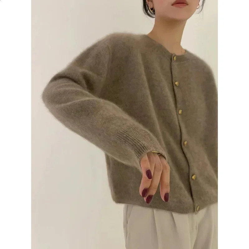 Raccoon Fur Round Neck Knitted Cardigan Womens Early Autumn Layered High-End Feel Loose-Fit Lazy Base Sweater Jacket 250113