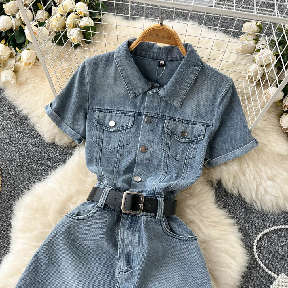 Jumpsuit Denim Shorts 2024 Womens Lapel Short Sleeved Belt High Waisted Wide Leg Shorts Fashionable High Street Ladies Wear 250107