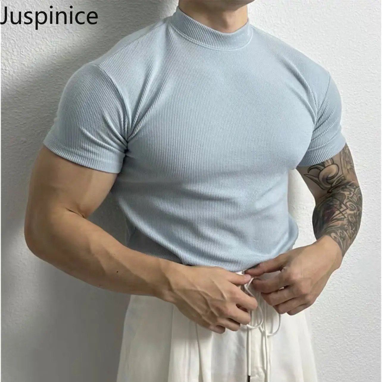 Summer Half Turtleneck Large Size Shortsleeved Tshirt Mens Elastic Casual Simple High Street Personality Tops Male Clothes 250113