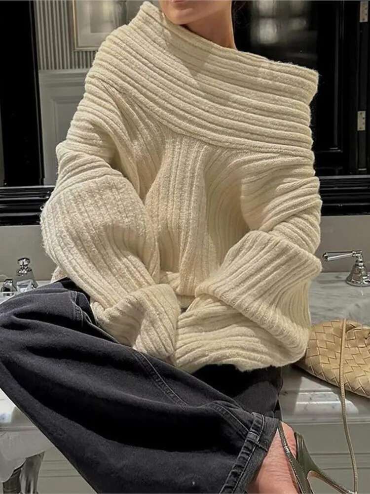 Women Sexy Solid One Neck Ribbed Sweater Fashion Off Shoulder Long Sleeve Knitted Pullover 2024 Autumn Lady Chic Street Knitwear