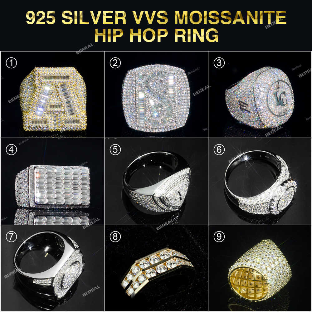 Wholesale Vvs Moissanite Hip Hop Letter Ring Iced Out Baguette Cut Gold Plated 925 Silver Fine Jewelry Rings For Men Women