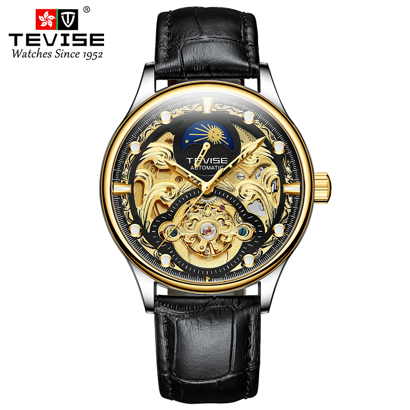 TEVISE Designer Watch Automatic Mechanical Watch Mens Watch Hollowed-out MoonWatch Business and Casual Leather Strap Waterproof Function T064-T820D