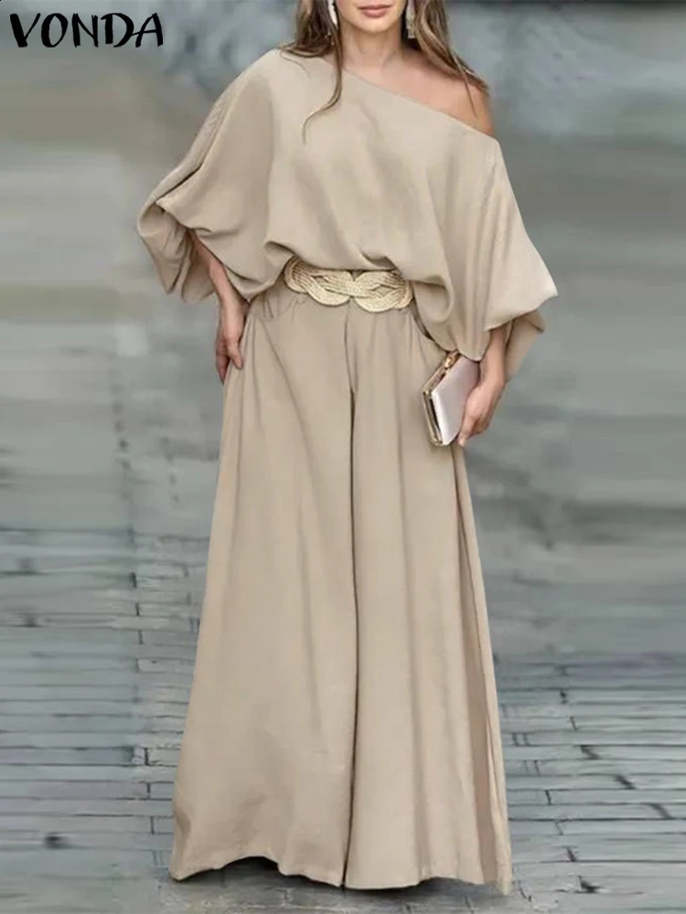 Plus Size VONDA Women Outfits Casual Slanted Collar Tops Elastic Waist Wide Leg Pant Sets 2024 Elegant Solid Pants Suits 2PCS 250106