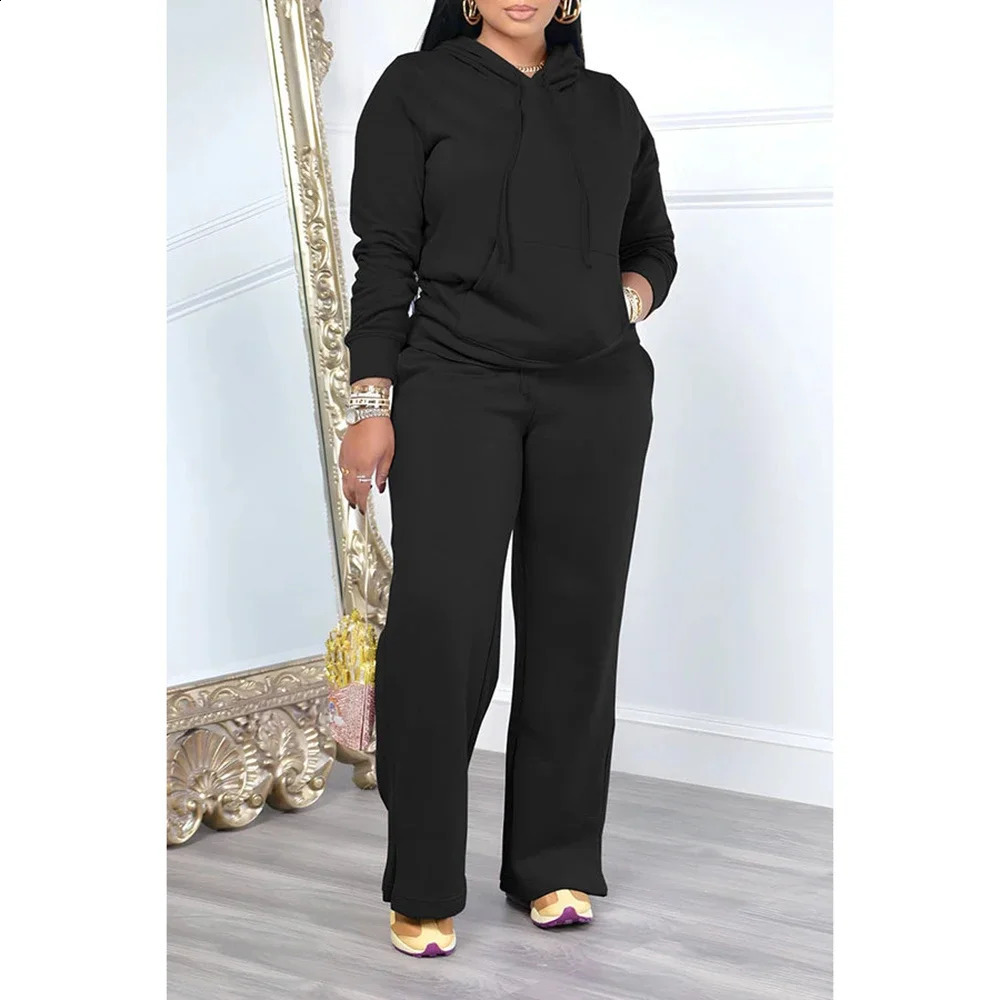 Plus Size Daily Pant Sets Casual Black Fall Winter Hoodie Long Sleeve Cotton Two Piece With Pocket 250106