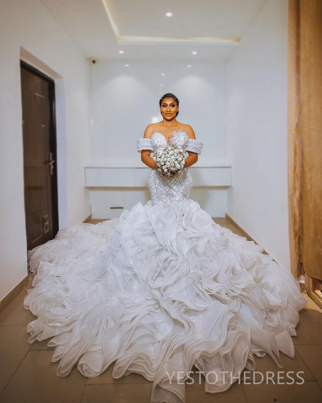 2025 Plus Size Aso Ebi Wedding Dress Bridal Gowns For Bride Mermaid Sheer Neck Long Sleeves Illusion Beaded Lace Tiered Organza Wedding Gowns For Blac