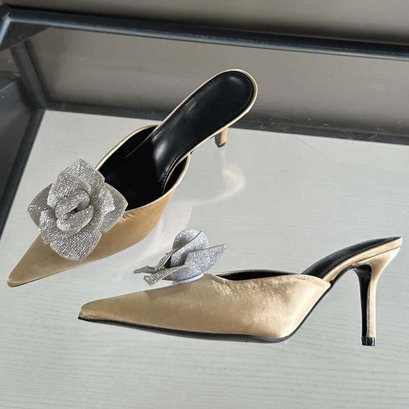 Eilyken Designer CRYSTAL Wer Silk Pointed Toe Women Slippers Fashion Thin Heels Party Dress Ladies Mule Shoes